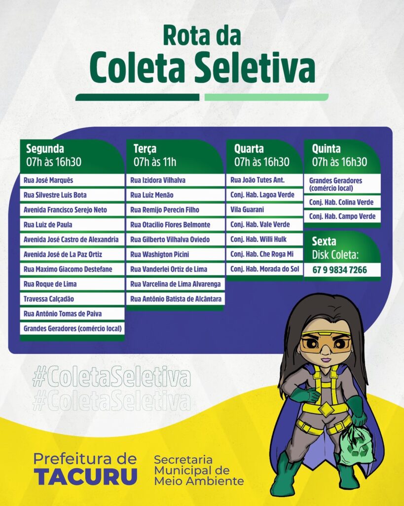 Prefeitura de Tacuru estabelece programação da coleta seletiva