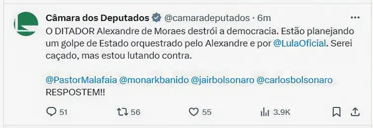 Perfil da Câmara no X é invadido e post chama ministro de “ditador”