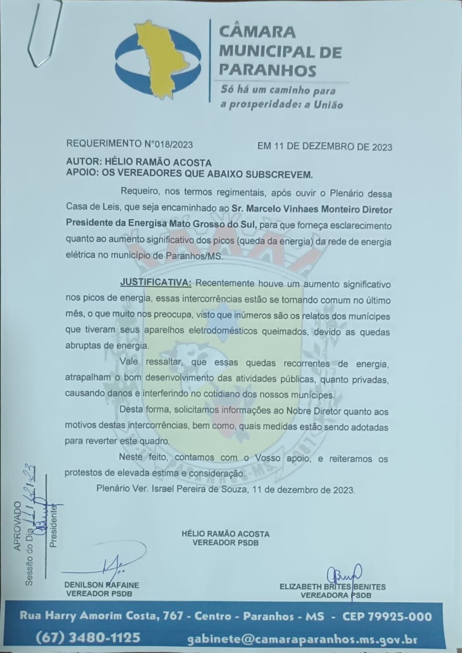 Hélio Acosta solicita esclarecimentos à Energisa sobre quedas de energia elétrica em Paranhos