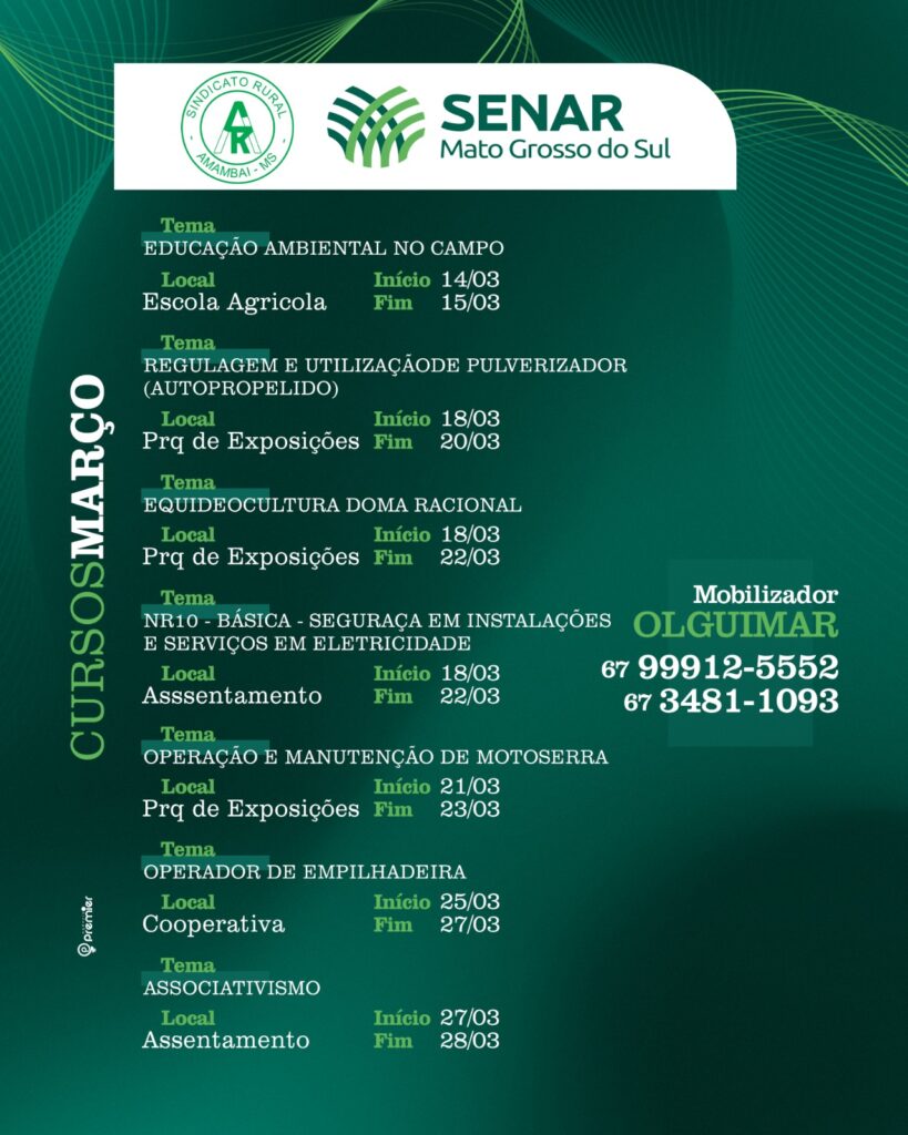 SENAR/MS e SRA anunciam cursos profissionalizantes gratuitos de março