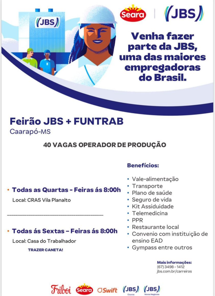 “Feirão JBS + Funtrab” oferece 40 vagas de emprego em Caarapó