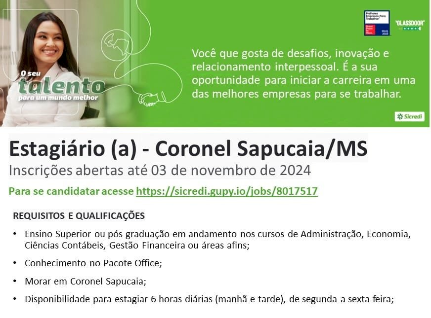 Oportunidade de estágio no Sicredi em Coronel Sapucaia: inscrições abertas até 3 de novembro